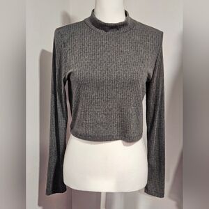 Altar'd State Charcoal Ribbed Long Sleeved Crop Top Womens Size Large
